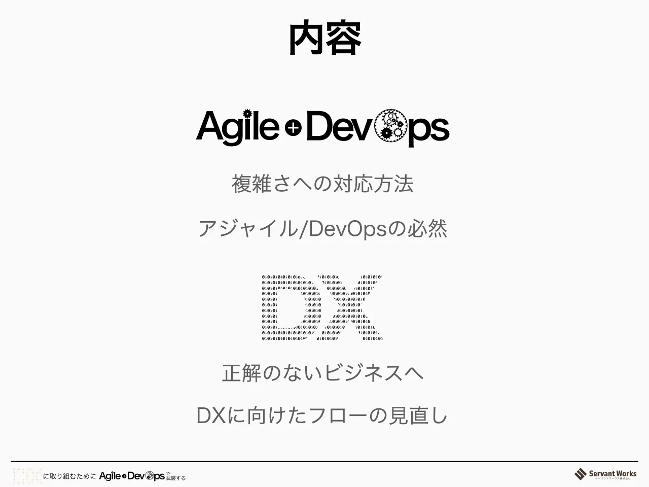 3 ページ：内容 複雑さへの対応方法 正解のないビジネスへ DXに向けたフローの見直し アジャイル/DevOpsの必然