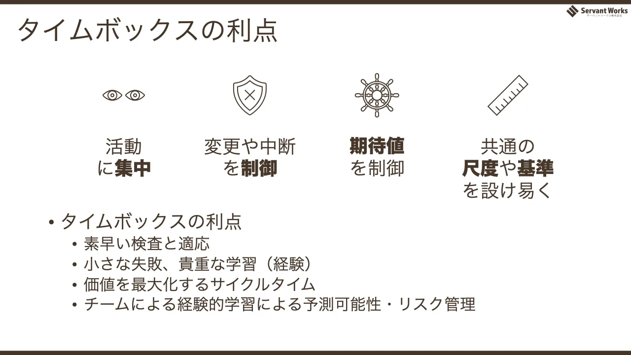 29 ページ：タイムボックスの利点 • タイムボックスの利点 • 素早い検査と適応 • 小さな失敗、貴重な学習（経験） • 価値を最大化するサイクルタイム • チームによる経験的学習による予測可能性・リスク管理 活動 に集中 変更や...