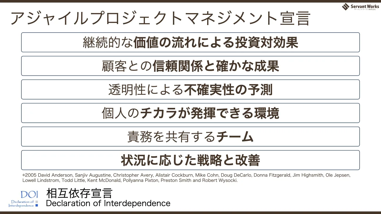 37 ページ：アジャイルプロジェクトマネジメント宣言 相互依存宣言 Declaration of Interdependence 継続的な価値の流れによる投資対効果 顧客との信頼関係と確かな成果 透明性による不確実性の予測 個人のチカラが発揮できる環...