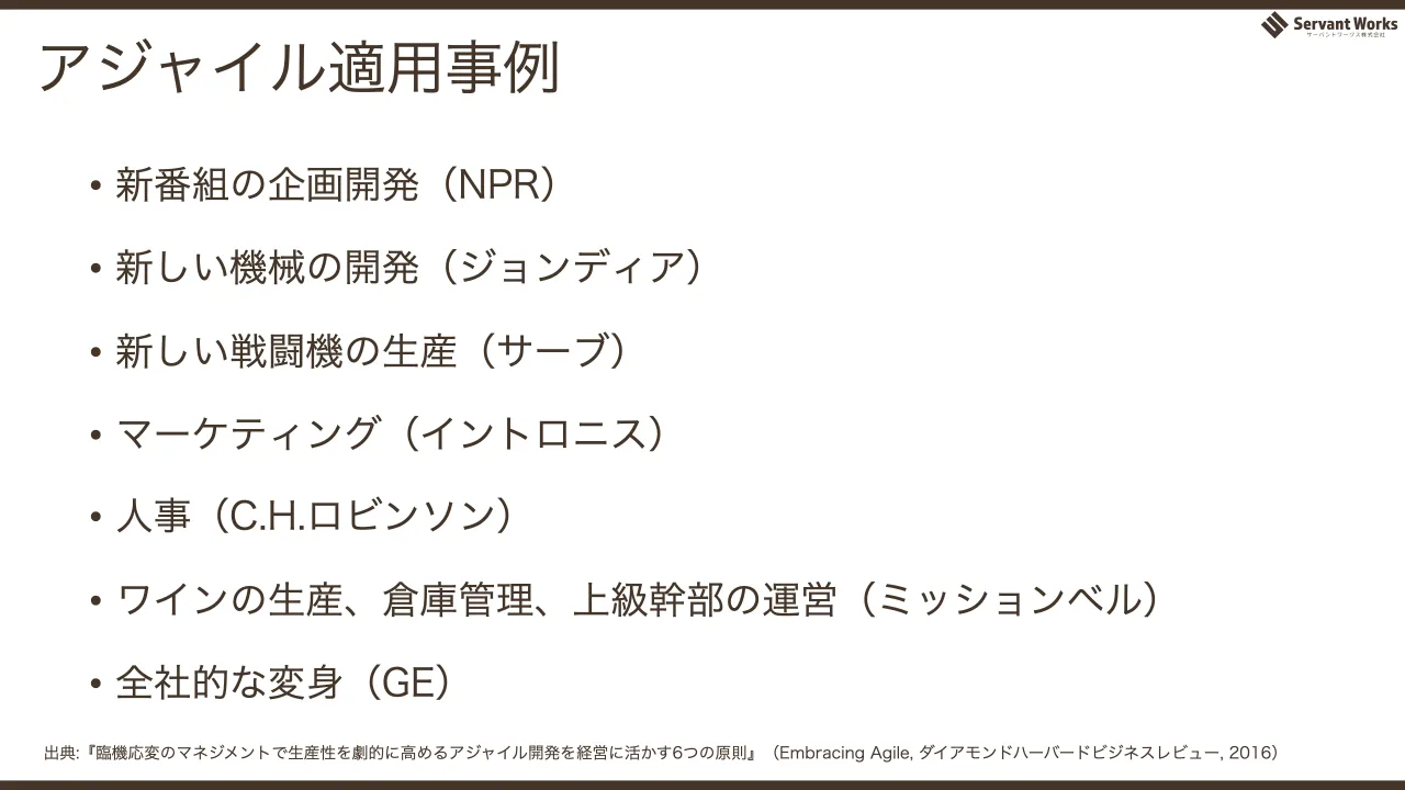 38 ページ：アジャイル適用事例 • 新番組の企画開発（NPR） • 新しい機械の開発（ジョンディア） • 新しい戦闘機の生産（サーブ） • マーケティング（イントロニス） • 人事（C.H.ロビンソン） • ワインの生産、倉庫管理、上級...