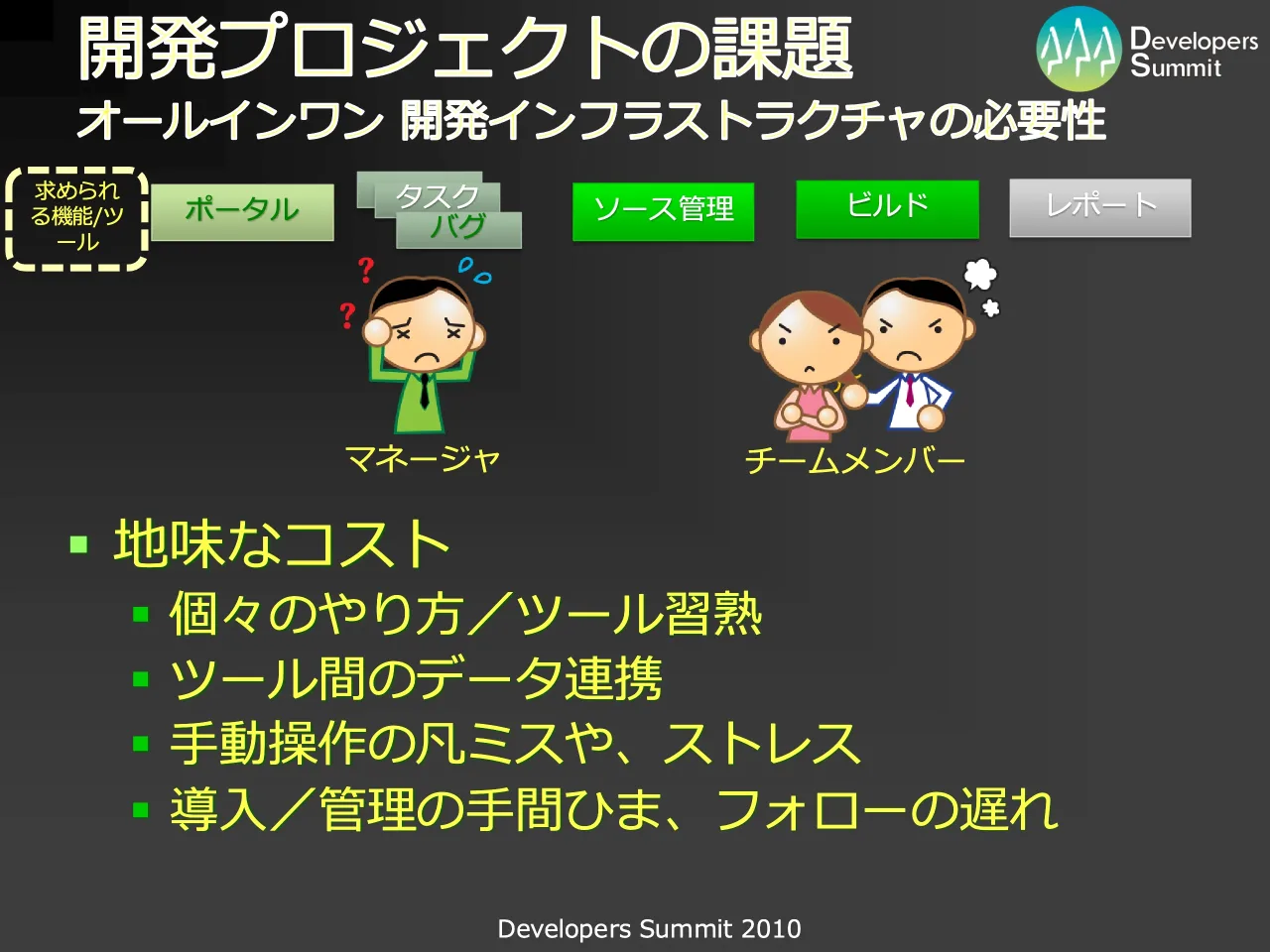 16 ページ：Developers Summit 2010 開発プロジェクトの課題 オールインワン 開発インフラストラクチャの必要性 ▪ 地味なコスト ▪ 個々のやり方／ツール習熟 ▪ ツール間のデータ連携 ▪ 手動操作の凡ミスや、ストレス ▪ 導入／管...