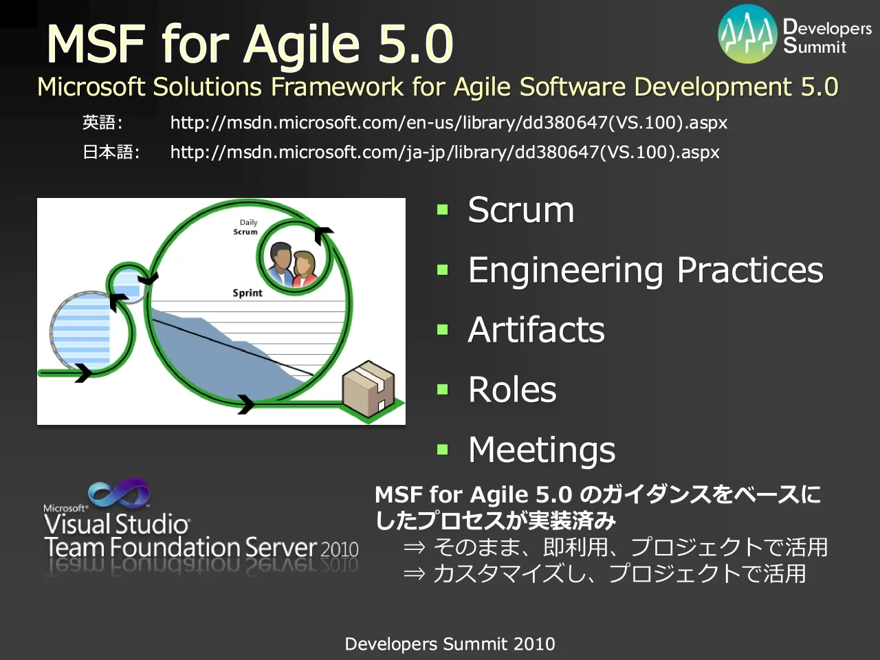 43 ページ：Developers Summit 2010 MSF for Agile 5.0 ▪ Scrum ▪ Engineering Practices ▪ Artifacts ▪ Roles ▪ Meetings Microsoft Solutions Framework for Agile Software Development 5.0 英語: http://msdn.microsoft.com...