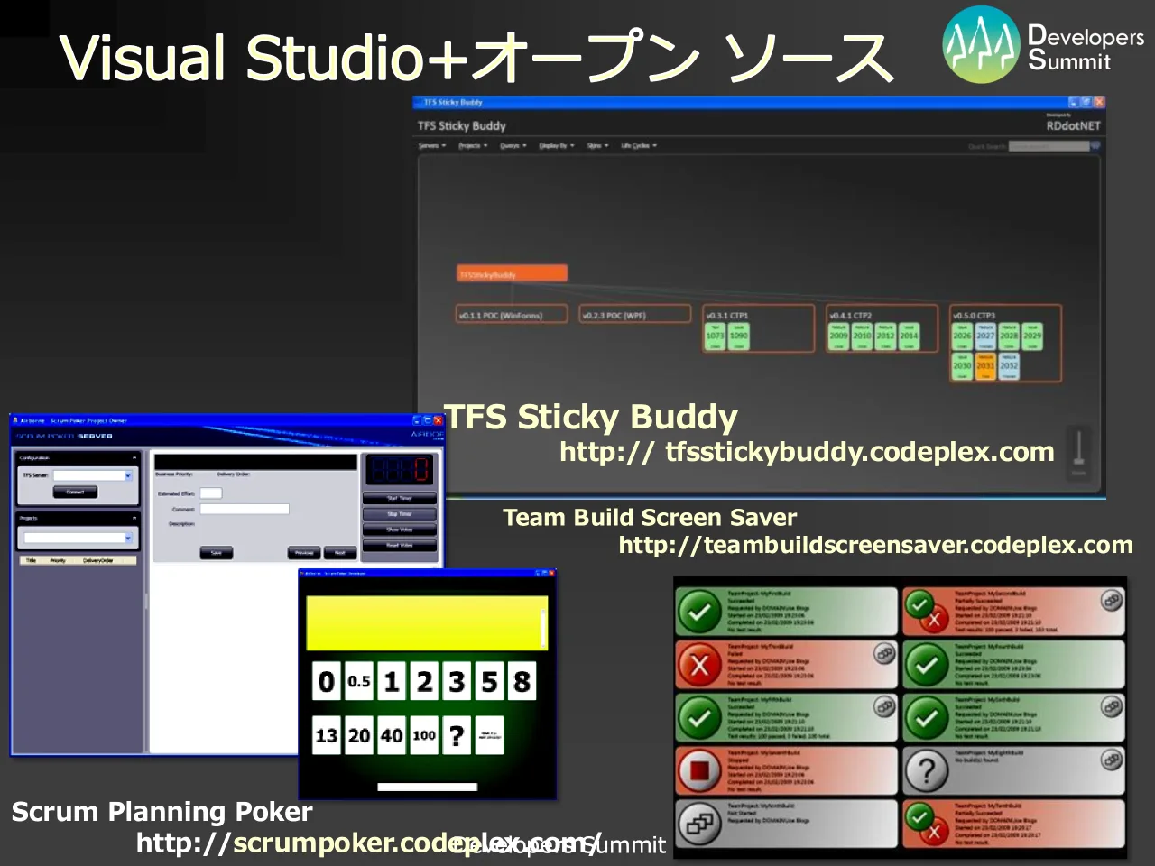 54 ページ：Developers Summit 2010 Visual Studio+オープン ソース TFS Sticky Buddy http:// tfsstickybuddy.codeplex.com Scrum Planning Poker http://scrumpoker.codeplex.com/ Team Build Screen Saver http://teambuilds...