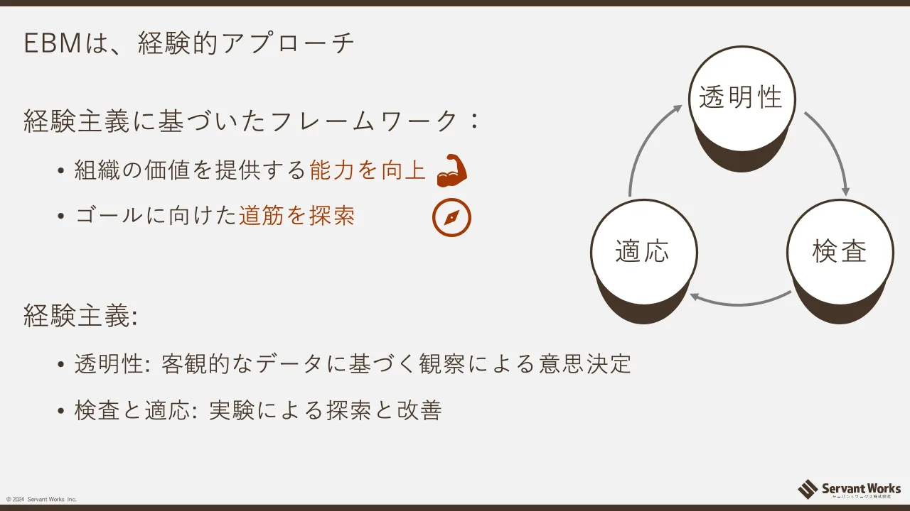 10 ページ：© 2024 Servant Works Inc. EBMは、経験的アプローチ 経験主義に基づいたフレームワーク： • 組織の価値を提供する能力を向上 • ゴールに向けた道筋を探索 経験主義: • 透明性: 客観的なデータに基づく観察による意...
