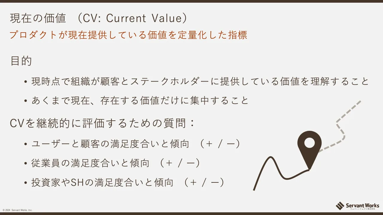 34 ページ：© 2024 Servant Works Inc. 現在の価値 （CV: Current Value） 目的 • 現時点で組織が顧客とステークホルダーに提供している価値を理解すること • あくまで現在、存在する価値だけに集中すること CVを継続的に評価す...