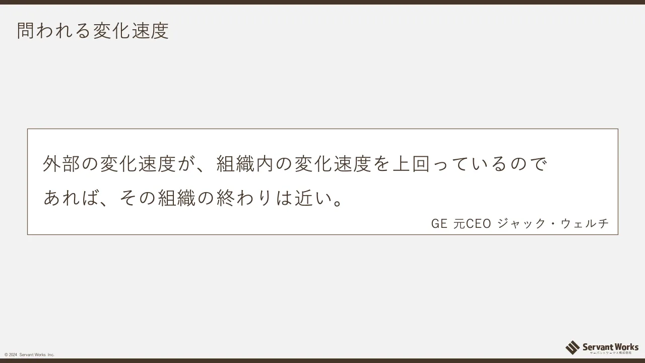 6 ページ：© 2024 Servant Works Inc. 問われる変化速度 外部の変化速度が、組織内の変化速度を上回っているので あれば、その組織の終わりは近い。 GE 元CEO ジャック・ウェルチ