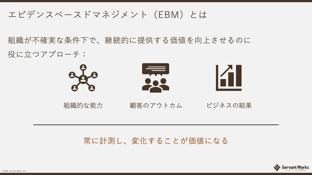7 ページ：© 2024 Servant Works Inc. エビデンスベースドマネジメント（EBM）とは 組織が不確実な条件下で、継続的に提供する価値を向上させるのに 役に立つアプローチ： 顧客のアウトカム組織的な能力 ビジネスの結果 常に計...