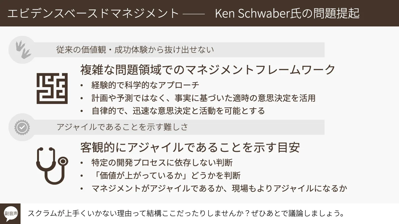 8 ページ：© Tomoharu Nagasawa, Servant Works Inc. All rights reserved. エビデンスベースドマネジメント Ken Schwaber氏の問題提起 従来の価値観・成功体験から抜け出せない 複雑な問題領域でのマネジメントフレームワーク...