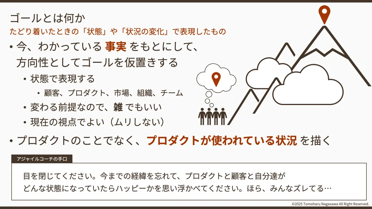 12 ページ：©2025 Tomoharu Nagasawa All Right Reserved. • 今、わかっている 事実 をもとにして、 方向性としてゴールを仮置きする • 状態で表現する • 顧客、プロダクト、市場、組織、チーム • 変わる前提なので、雑 でもい...