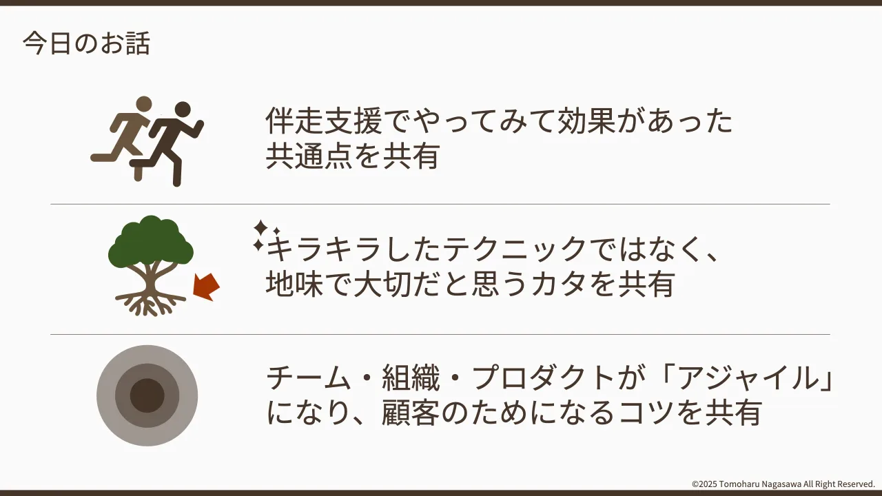 2 ページ：©2025 Tomoharu Nagasawa All Right Reserved. 今日のお話 伴走支援でやってみて効果があった 共通点を共有 キラキラしたテクニックではなく、 地味で大切だと思うカタを共有 チーム・組織・プロダクトが「アジャイ...