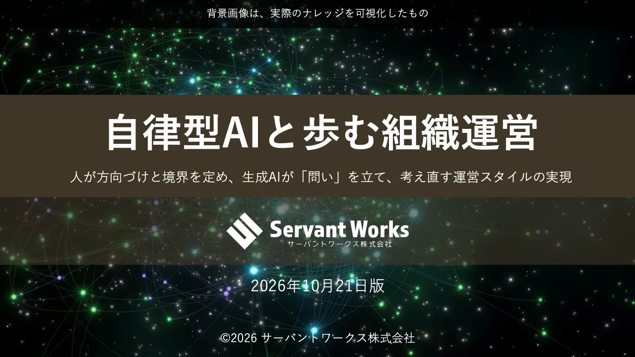 1 ページ：自律型AIと歩む組織運営 2026年10月21日版 人が方向づけと境界を定め、生成AIが「問い」を立て、考え直す運営スタイルの実現 ©2026 サーバントワークス株式会社 背景画像は、実際のナレッジを可視化したもの