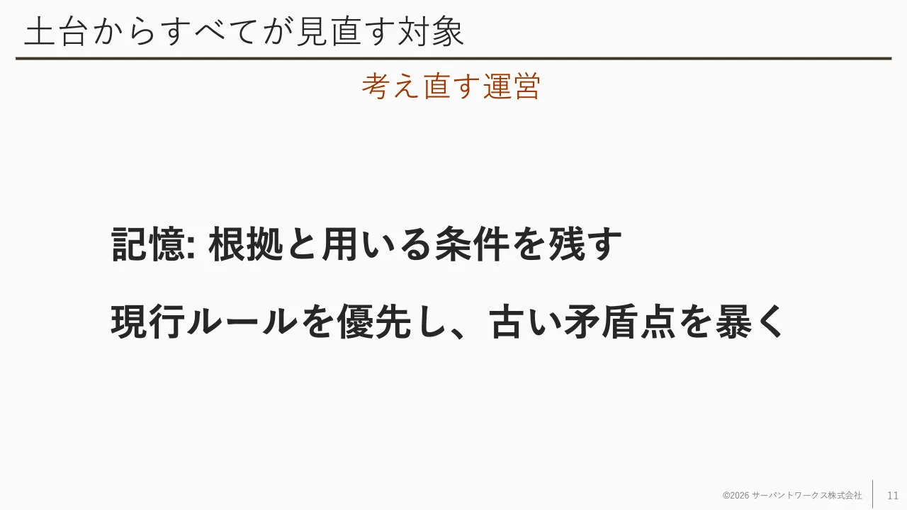 11 ページ：土台からすべてが見直す対象 記憶: 根拠と用いる条件を残す 現行ルールを優先し、古い矛盾点を暴く ©2026 サーバントワークス株式会社 11 考え直す運営