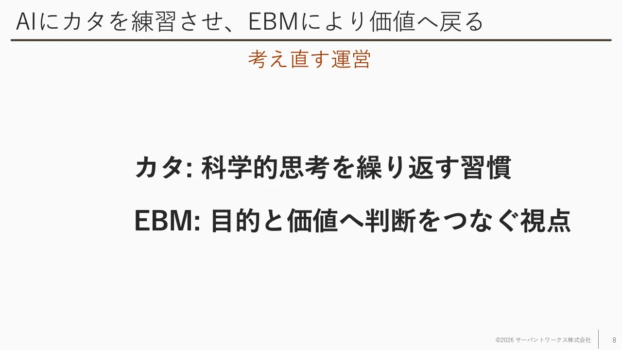 8 ページ：AIにカタを練習させ、EBMにより価値へ戻る カタ: 科学的思考を繰り返す習慣 EBM: 目的と価値へ判断をつなぐ視点 ©2026 サーバントワークス株式会社 8 考え直す運営