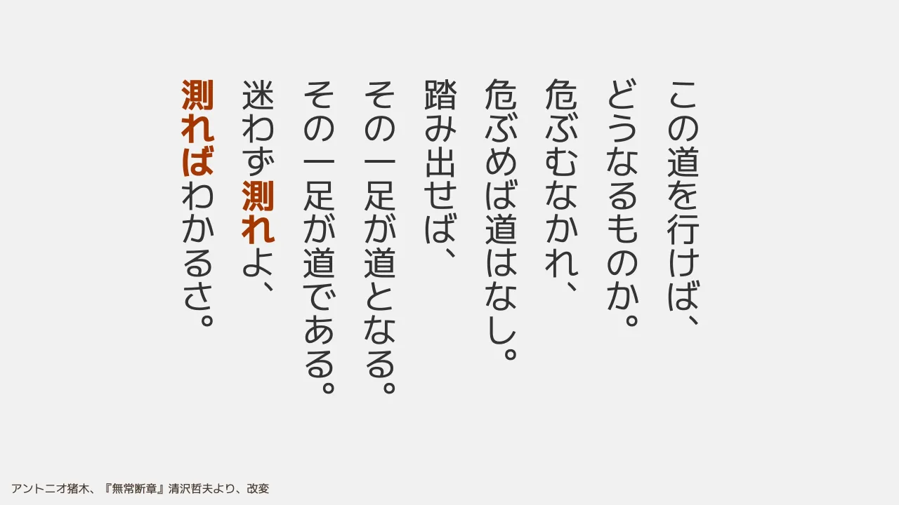 28 ページ：こ の 道 を 行 け ば ︑ ど う な る も の か ︒ 危 ぶ む な か れ ︑ 危 ぶ め ば 道 は な し ︒ 踏 み 出 せ ば ︑ そ の 一 足 が 道 と な る ︒ そ の 一 足 が 道 で あ る ︒ 迷 わ ず 測 れ よ ︑ 測 れ...