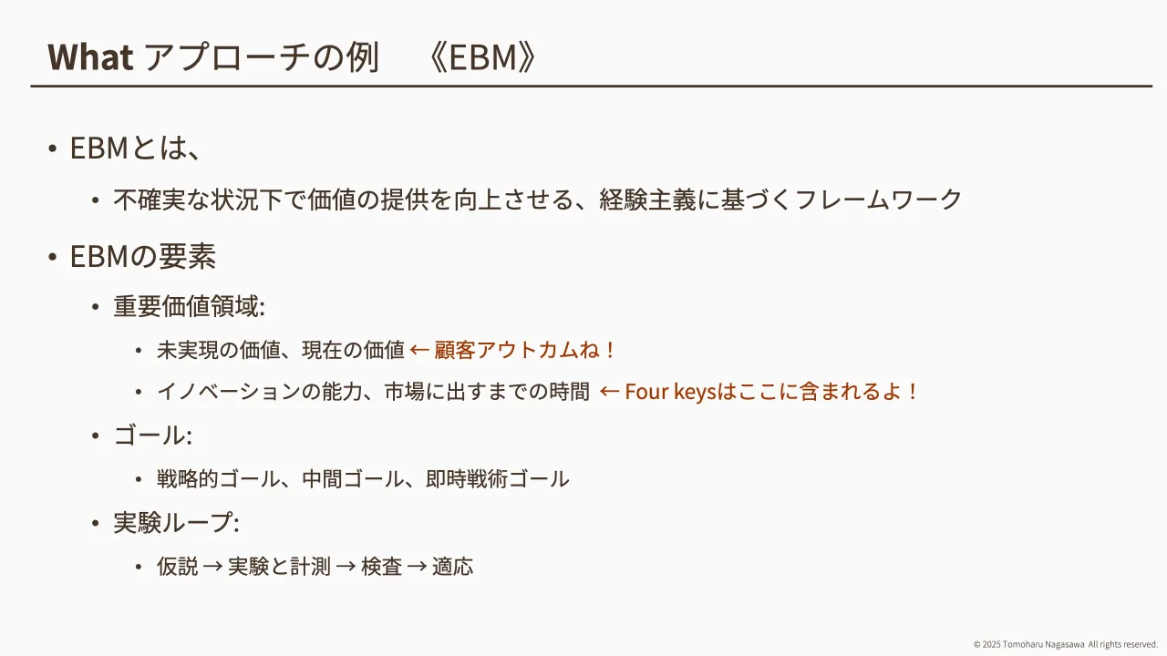 13 ページ：© 2025 Tomoharu Nagasawa All rights reserved. What アプローチの例 《EBM》 • EBMとは、 • 不確実な状況下で価値の提供を向上させる、経験主義に基づくフレームワーク • EBMの要素 • 重要価値領域: • 未実現の価...