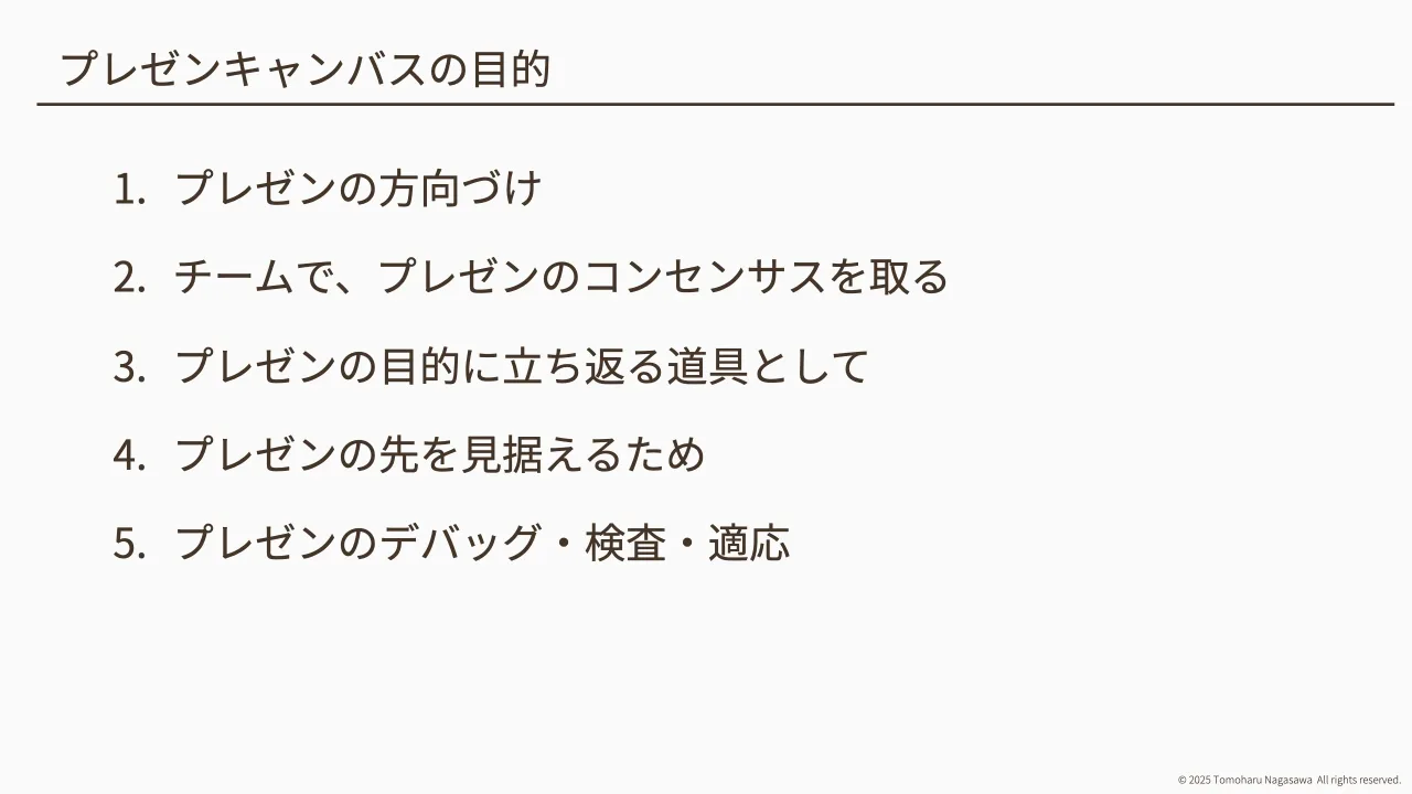 22 ページ：© 2025 Tomoharu Nagasawa All rights reserved. プレゼンキャンバスの目的 1. プレゼンの方向づけ 2. チームで、プレゼンのコンセンサスを取る 3. プレゼンの目的に立ち返る道具として 4. プレゼンの先を見据えるた...