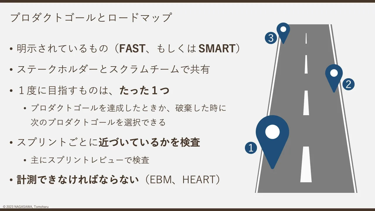 24 ページ：© 2023 NAGASAWA, Tomoharu プロダクトゴールとロードマップ • 明示されているもの（FAST、もしくは SMART） • ステークホルダーとスクラムチームで共有 • １度に目指すものは、たった１つ • プロダクトゴールを達成...