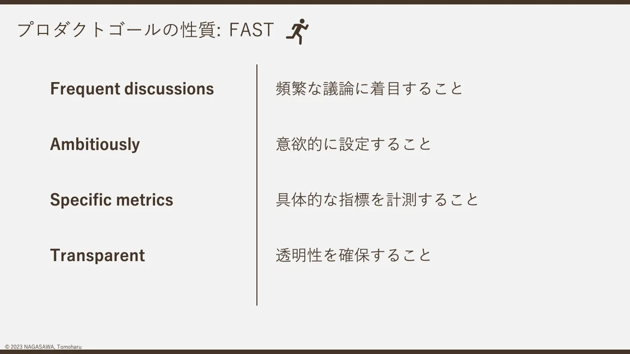 26 ページ：© 2023 NAGASAWA, Tomoharu プロダクトゴールの性質: FAST Frequent discussions Ambitiously Specific metrics Transparent 頻繁な議論に着目すること 意欲的に設定すること 具体的な指標を計測すること 透明性を確...