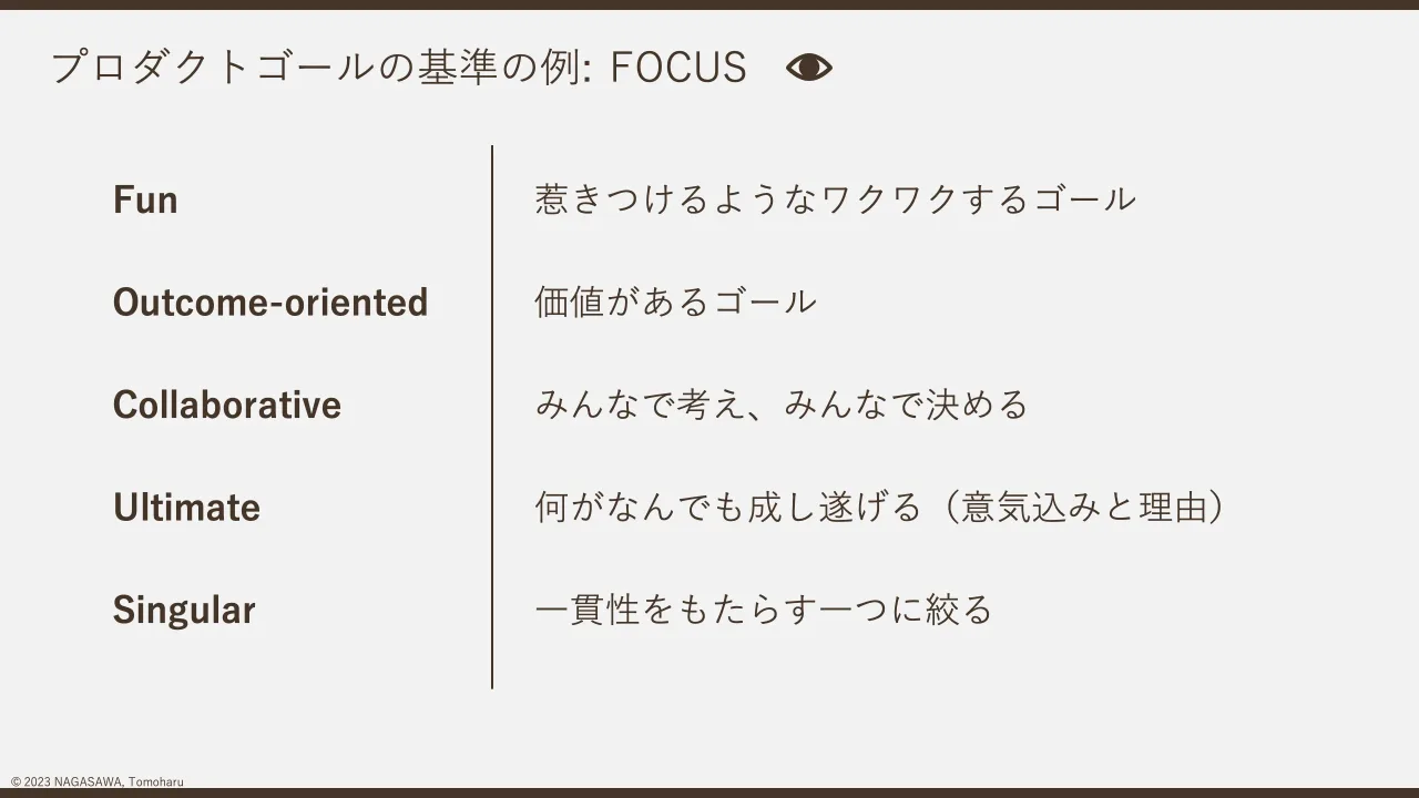 28 ページ：© 2023 NAGASAWA, Tomoharu プロダクトゴールの基準の例: FOCUS Fun Outcome-oriented Collaborative Ultimate Singular 惹きつけるようなワクワクするゴール 価値があるゴール みんなで考え、みんなで決める 何がな...
