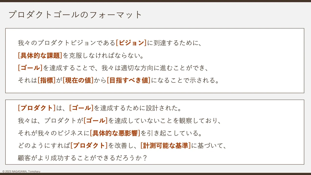 31 ページ：© 2023 NAGASAWA, Tomoharu プロダクトゴールのフォーマット 我々のプロダクトビジョンである[ビジョン]に到達するために、 [具体的な課題]を克服しなければならない。 [ゴール]を達成することで、我々は適切な方向...