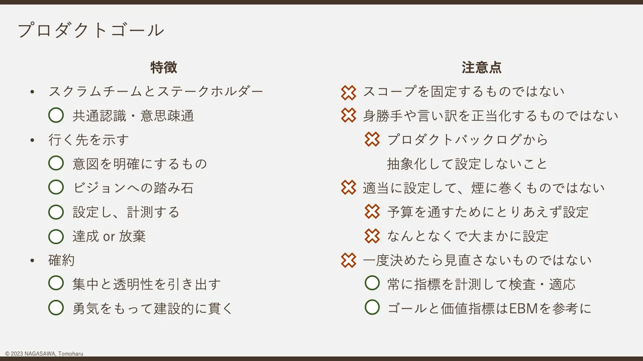 32 ページ：© 2023 NAGASAWA, Tomoharu プロダクトゴール 特徴 • スクラムチームとステークホルダー • 共通認識・意思疎通 • 行く先を示す • 意図を明確にするもの • ビジョンへの踏み石 • 設定し、計測する • 達成 or 放棄 •...