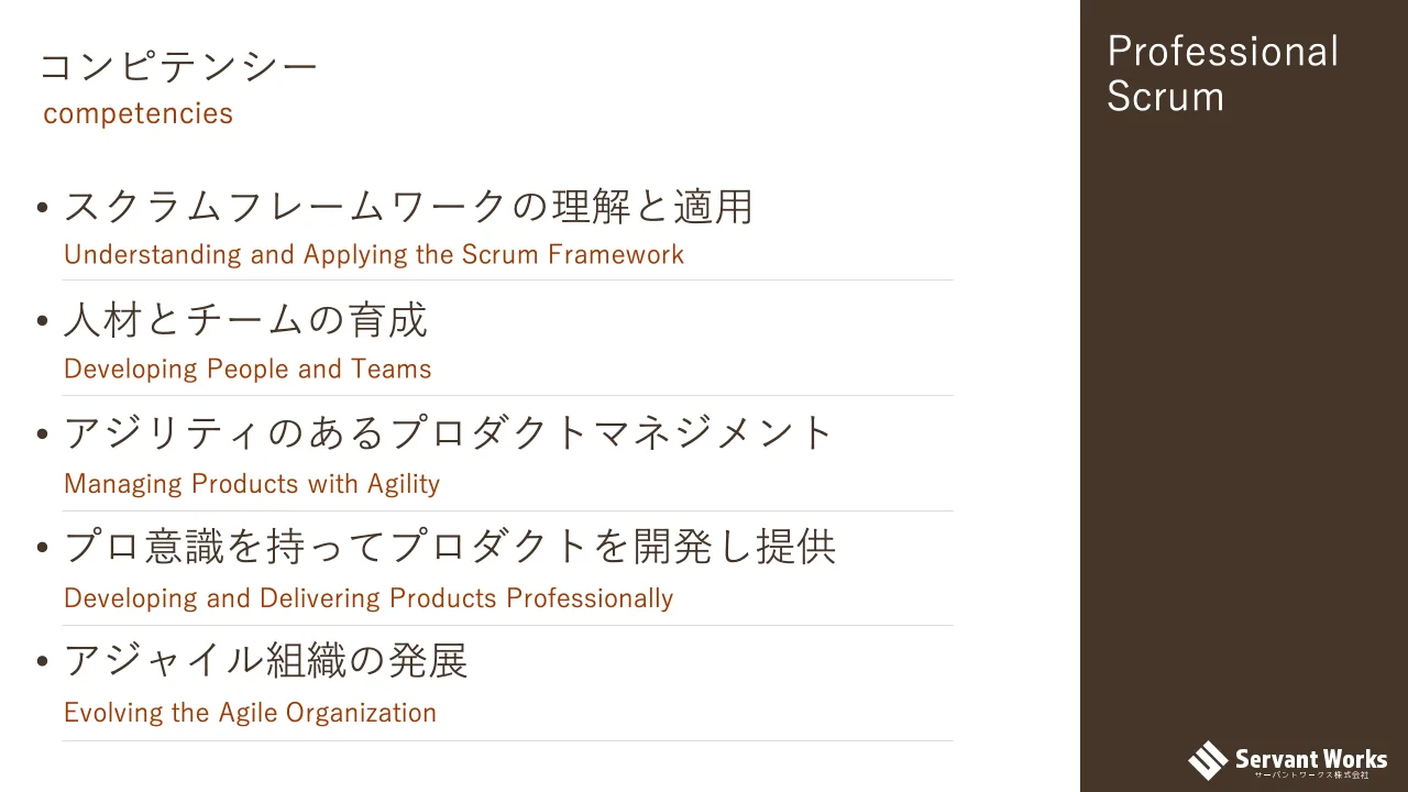 15 ページ：Professional Scrum コンピテンシー • スクラムフレームワークの理解と適用 • 人材とチームの育成 • アジリティのあるプロダクトマネジメント • プロ意識を持ってプロダクトを開発し提供 • アジャイル組織の発展 com...