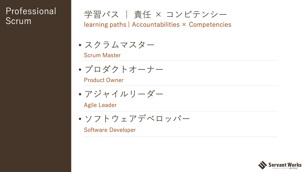 16 ページ：Professional Scrum 学習パス ｜ 責任 × コンピテンシー • スクラムマスター • プロダクトオーナー • アジャイルリーダー • ソフトウェアデベロッパー learning paths | Accountabilities × Competencies Scrum Mast...