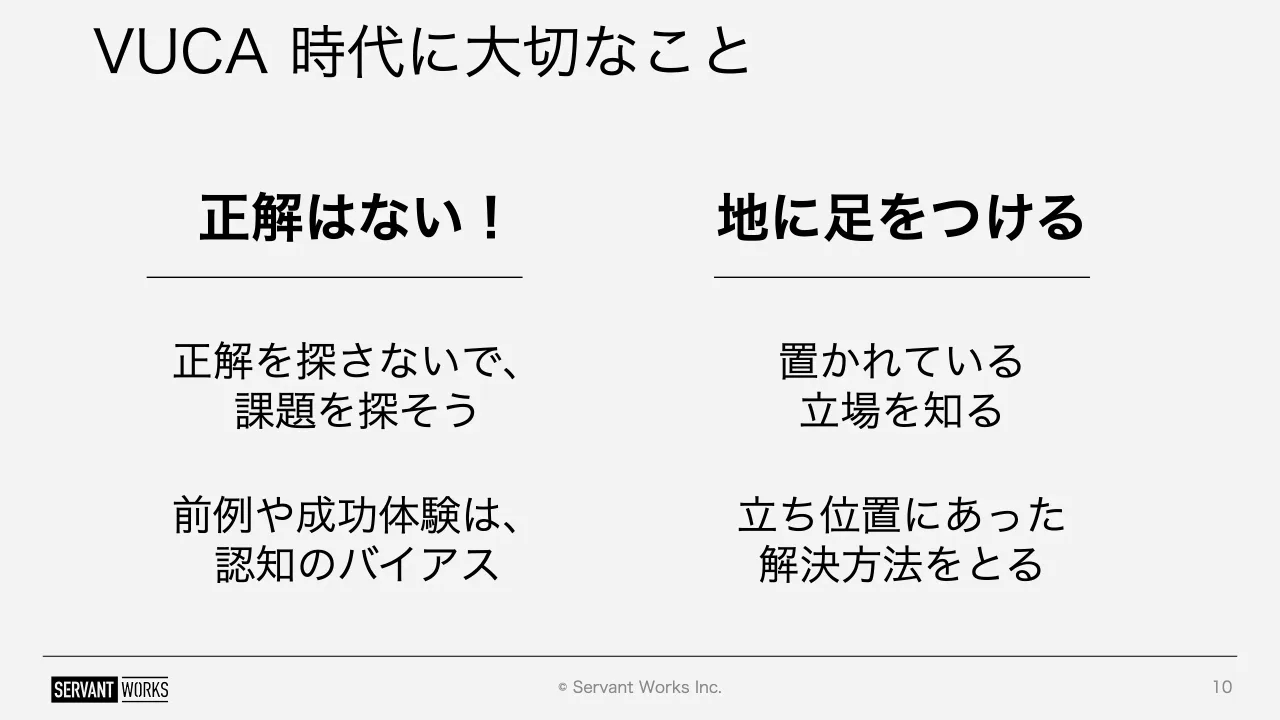 10 ページ：© Servant Works Inc. VUCA 時代に大切なこと 10 正解はない！ 地に足をつける 正解を探さないで、 課題を探そう 前例や成功体験は、 認知のバイアス 置かれている 立場を知る 立ち位置にあった 解決方法をとる