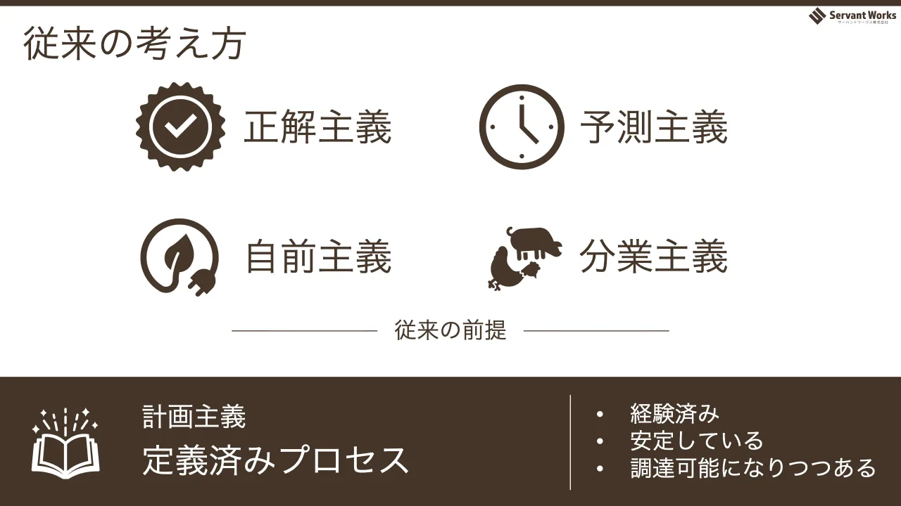 p.16：従来の考え方 正解主義 自前主義 予測主義 分業主義 従来の前提 計画主義 定義済みプロセス • 経験済み • 安定している • 調達可能になりつつある