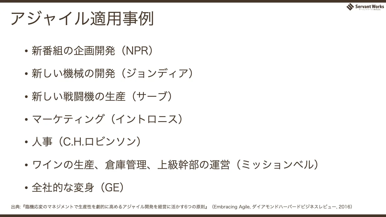20 ページ：アジャイル適用事例 • 新番組の企画開発（NPR） • 新しい機械の開発（ジョンディア） • 新しい戦闘機の生産（サーブ） • マーケティング（イントロニス） • 人事（C.H.ロビンソン） • ワインの生産、倉庫管理、上級...