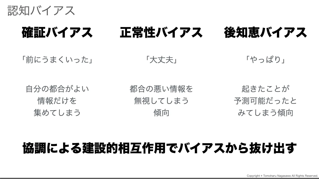 43 ページ：Copyright © Tomoharu Nagasawa All Rights Reserved. 認知バイアス 確証バイアス 正常性バイアス 後知恵バイアス 起きたことが 予測可能だったと みてしまう傾向 都合の悪い情報を 無視してしまう 傾向 自分の都合...