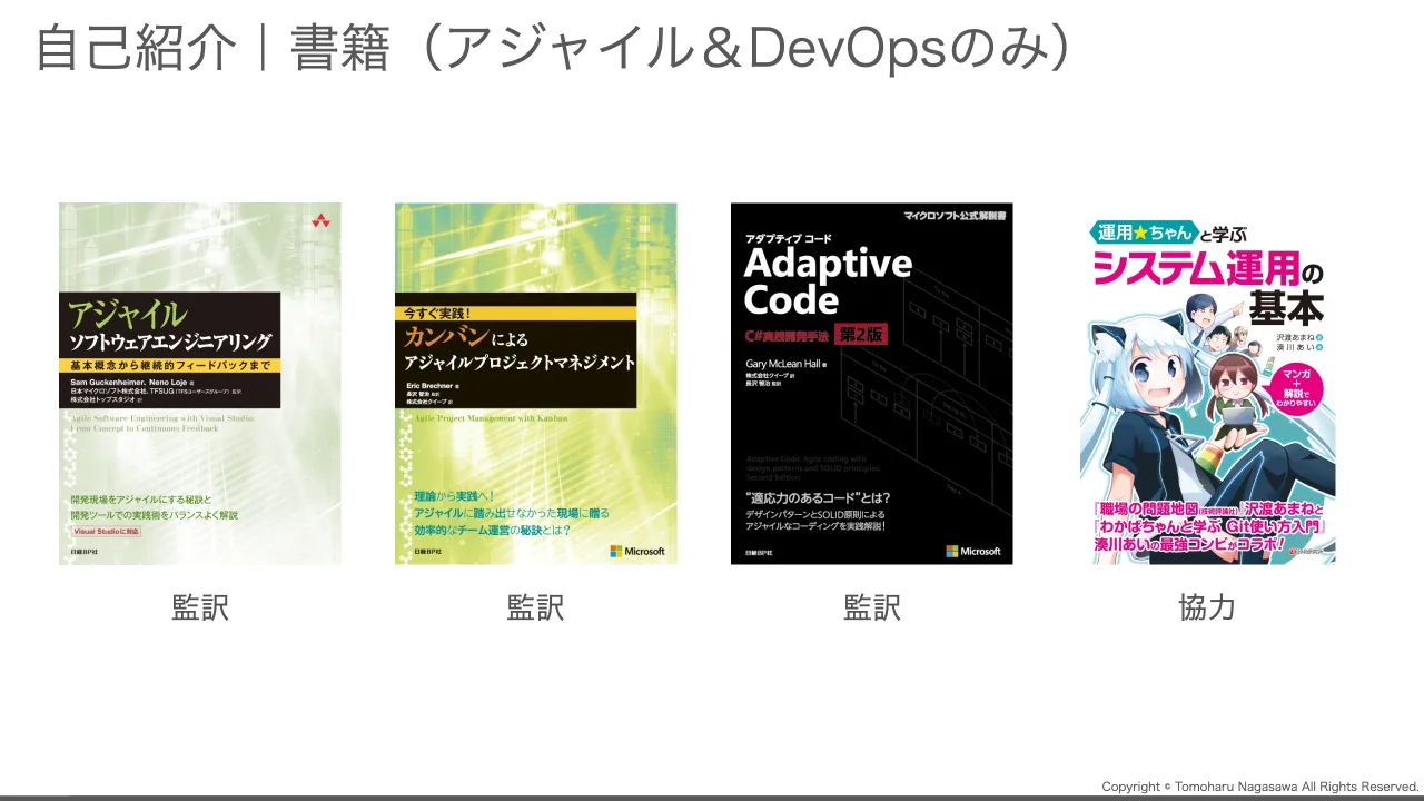 6 ページ：Copyright © Tomoharu Nagasawa All Rights Reserved. 自己紹介｜書籍（アジャイル＆DevOpsのみ） 監訳 監訳 監訳 協力