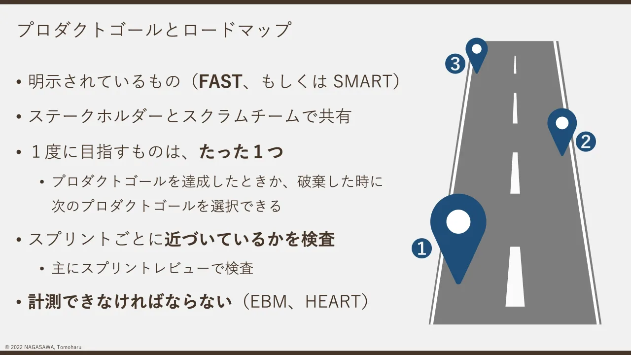 20 ページ：© 2022 NAGASAWA, Tomoharu プロダクトゴールとロードマップ • 明示されているもの（FAST、もしくは SMART） • ステークホルダーとスクラムチームで共有 • １度に目指すものは、たった１つ • プロダクトゴールを達成...