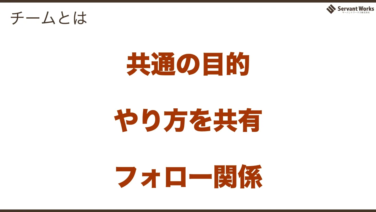 11 ページ：チームとは 共通の目的 やり方を共有 フォロー関係