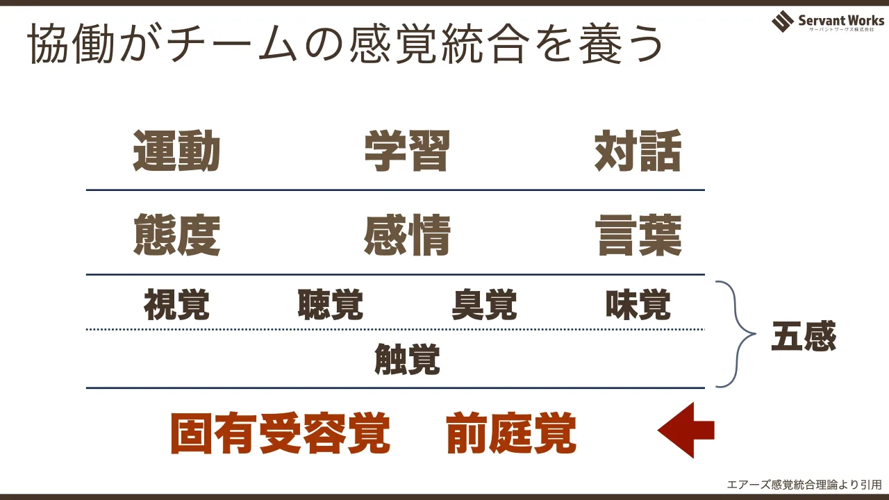 34 ページ：協働がチームの感覚統合を養う エアーズ感覚統合理論より引用 運動 学習 対話 態度 感情 言葉 視覚 聴覚 臭覚 味覚 触覚 固有受容覚 前庭覚 五感